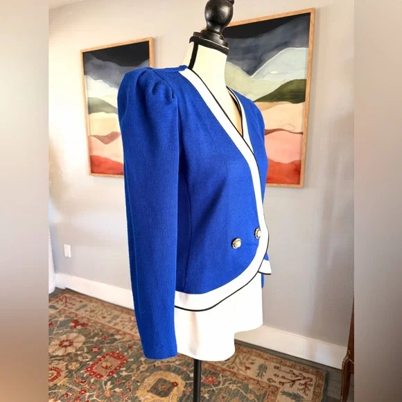 Leslie Fay Blue and White Knit Jacket - Picture 2 of 8